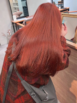 ハイトーンカラーブラッドオレンジ＊ブリーチ暖色カラーロング