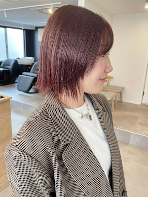 暖色カラーチェリーピンク＊ミディアムレイヤーボブ透明感カラー