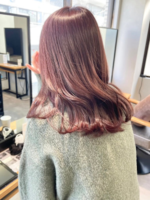 暖色カラーラベンダーピンク＊コテ巻きセミロング透明感カラー