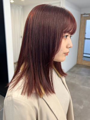チェリーレッド暖色カラー＊ブリーチなしカラーストレートヘア