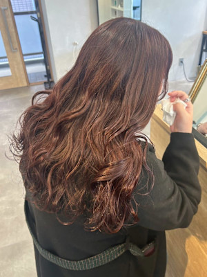 ブリーチなし暖色カラーレッドブラウン＊ゆる巻きウェーブ