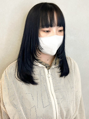顔まわりレイヤーぱっつん前髪＊透明感カラーネイビーブルー