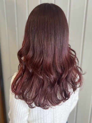 ピンクブラウン　ロングレイヤー　ブリーチなしカラー　暖色系