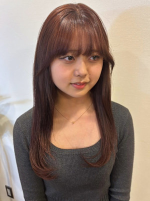 ピンクベージュ　顔周りレイヤー　韓国風　ワンカール