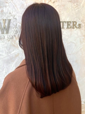 レッドオレンジ　ピンクカラー　艶感　セミロング　ワンカール