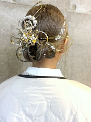 成人式ヘアセット　編み込みシニヨン　水引アレンジ　和装ヘア