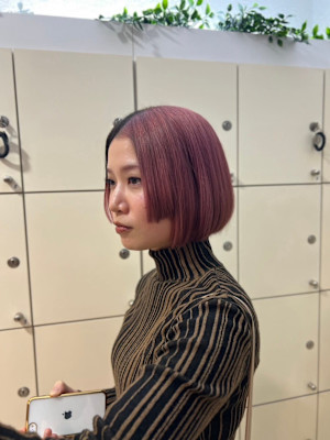 アシンメトリーボブ+デザインカラー PINK
