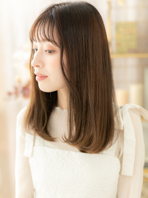 暗髪ココアベージュ小顔サラ艶ロングレイヤー　マロンベージュ