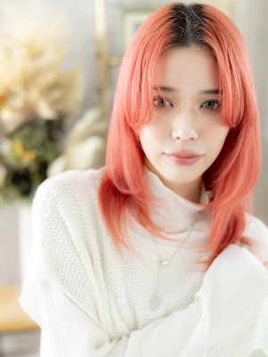 アプリコットオレンジ小顔姫カットレイヤーウルフチェリーレッド