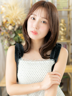 大人ガーリー透けバングモテ髪ひし形レイヤー　マロンベージュ