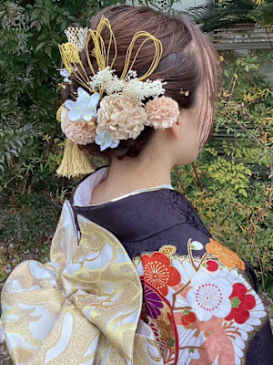 編み込みアレンジ　おくれ毛　着物ヘア　成人式ヘアセット