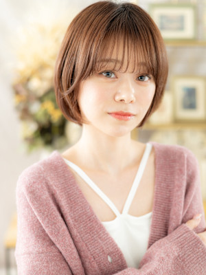 耳かけミルクティーピンク小顔ボブショート　くすみベージュ