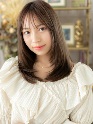 姫カットレイヤーアッシュブラウンセミディ　マロンベージュ