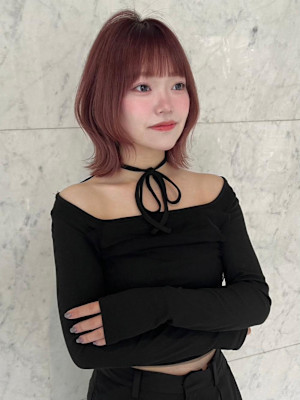 レイヤーボブ/ピンクカラー/くびれボブ/ピンクブラウン