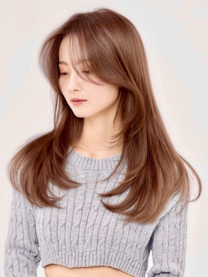 ザクザクレイヤーロンググレーベージュ前髪パーマ