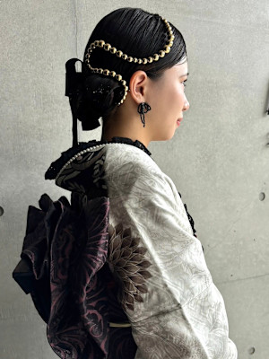 成人式ヘアセット　パール　リボン　タイトアレンジ　着物ヘア