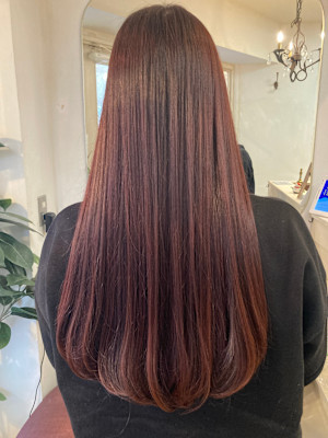 重めロング赤茶カラーブリーチなし髪質改善トリートメント