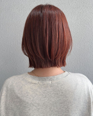 アプリコットオレンジ　レイヤーボブ　チェリーレッド