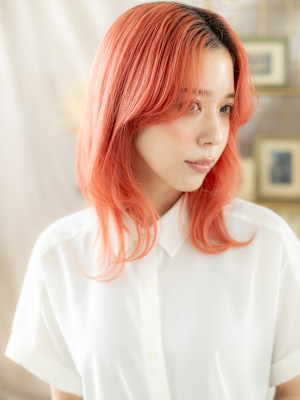 チェリーレッド個性的ロングウルフレイヤーアプリコットオレンジ