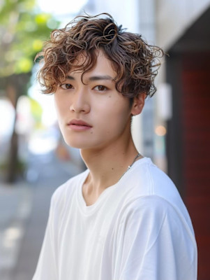 波巻きパーマ ブラウンカラー ツーブロック