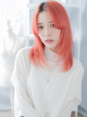 アプリコットオレンジ小顔姫カットレイヤーウルフ　韓国風巻き