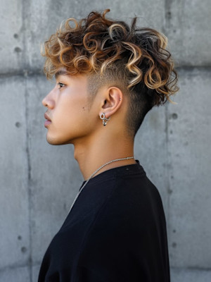 波巻きスパイラルパーマ ハイライト ツーブロック 20代 