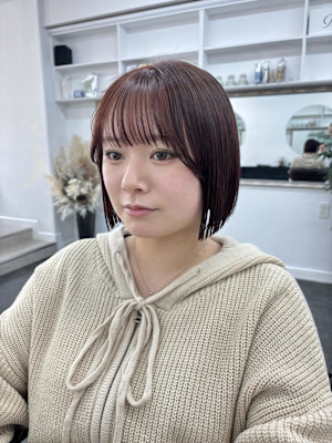 暖色カラー/暖色ボブ/シースルーバング/ヘイリーボブ/中華街