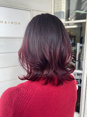 イメチェングラデーションカラーチェリーピンク外ハネミディアム