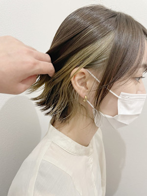 Goofy銀座/ボブ/イヤリングカラー/カーキグレージュ
