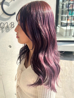 ピンクラベンダー オイルカラー ロングレイヤー コテ巻き
