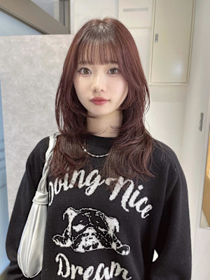 ワインレッド/ブリーチなしダブルカラー/レイヤー/顔周り