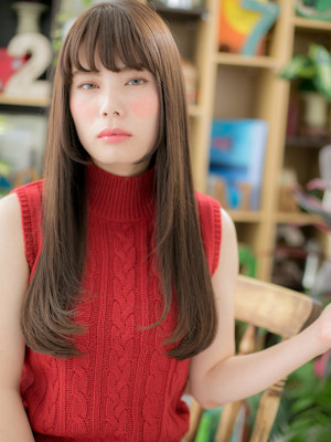 黒髪ローライトシースルーバング小顔ロング　くすみベージュ