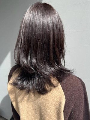 暗髪カラー グレージュ レイヤーカット 外ハネミディアム