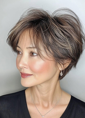 くびれショート＋白髪ぼかしハイライト【白髪染め50代髪型】