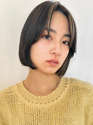 カーテンバング/艶髪ボブ/ハイライト/センターパート 