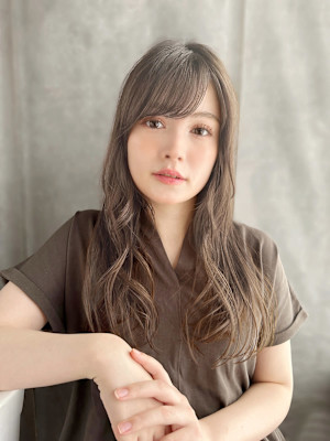 ナチュラルブラウン/ゆるふわ巻き/斜めバング