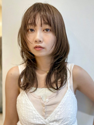 顔まわりレイヤー/ブラウンベージュ/シースルーバング/