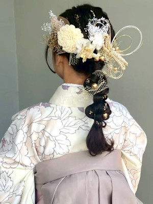 和装アレンジ 編み下ろし 水引き 金箔 造花 ナチュラルブラ