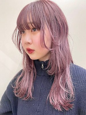 アッシュピンク/ラベンダーピンク/顔周りレイヤー/コテ巻き