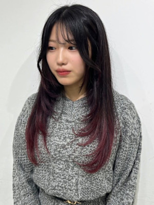 韓国風 レイヤー 裾カラー エンドカラー チェリーレッド