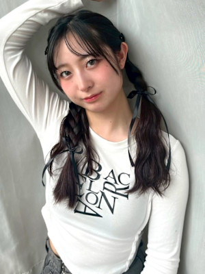 三つ編み ツイン リボン ウェーブヘア パーティー お呼ばれ