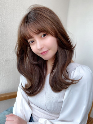 韓国風レイヤーイメチェンワイドバング美髪モカグレージュ