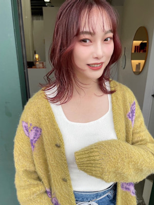 顔まわりレイヤー/レッドカラー/ウルフミディアム