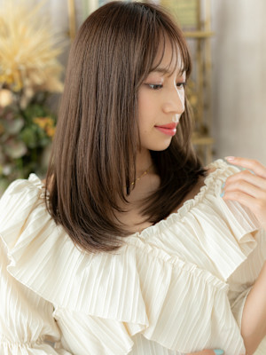 姫カットレイヤーアッシュブラウンセミディ　マロンベージュ