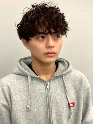 プードルパーマ マッシュ アッシュブラウン ツーブロック 