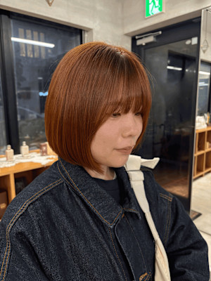 切りっぱなしボブ/ブリーチなしオレンジ/暖色カラー