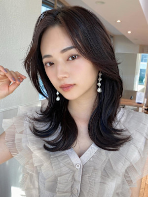 美髪ミディアムストレート寒色系カラー極細ハイライト  