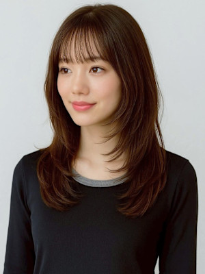 小顔ワンカールレイヤーカットデジタルパーマチェリーブラウン