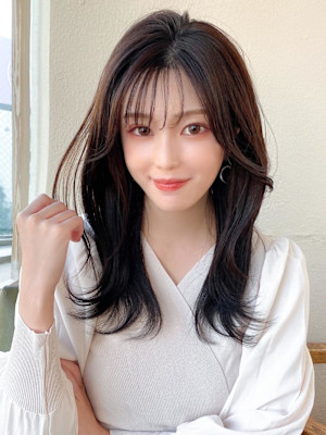 シャギーレイヤー韓国ワンホンヘアシースルーぱっつん前髪