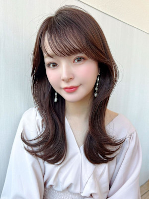 シャギーレイヤー韓国ワンホンヘアシースルーぱっつん前髪